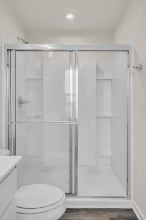 a bathroom with a shower a toilet and a sink