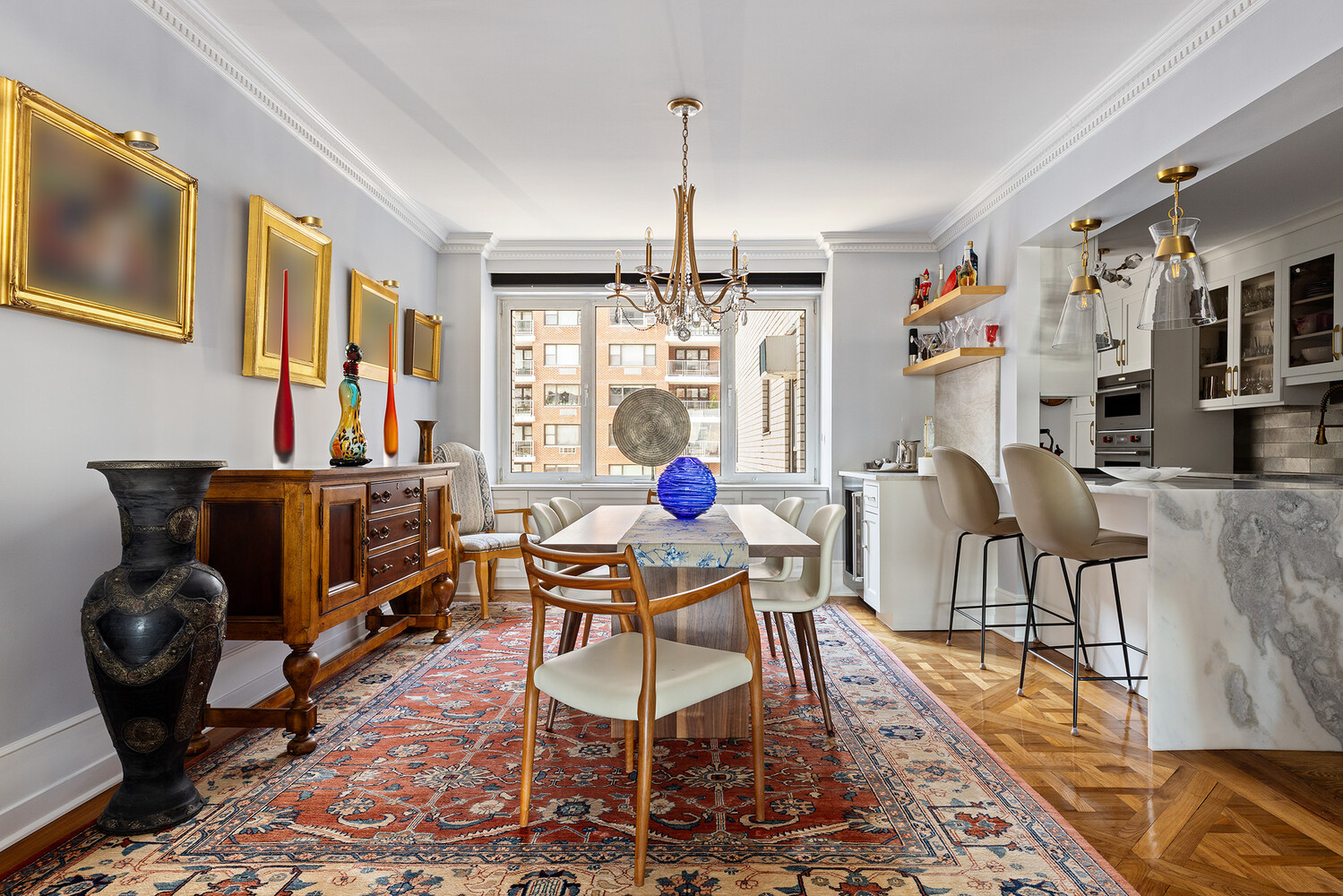 45 Sutton Place South, Unit 10H Manhattan, NY 10022 - Photo 4 of 18 a living room with furniture a flat screen tv and floor to ceiling window
