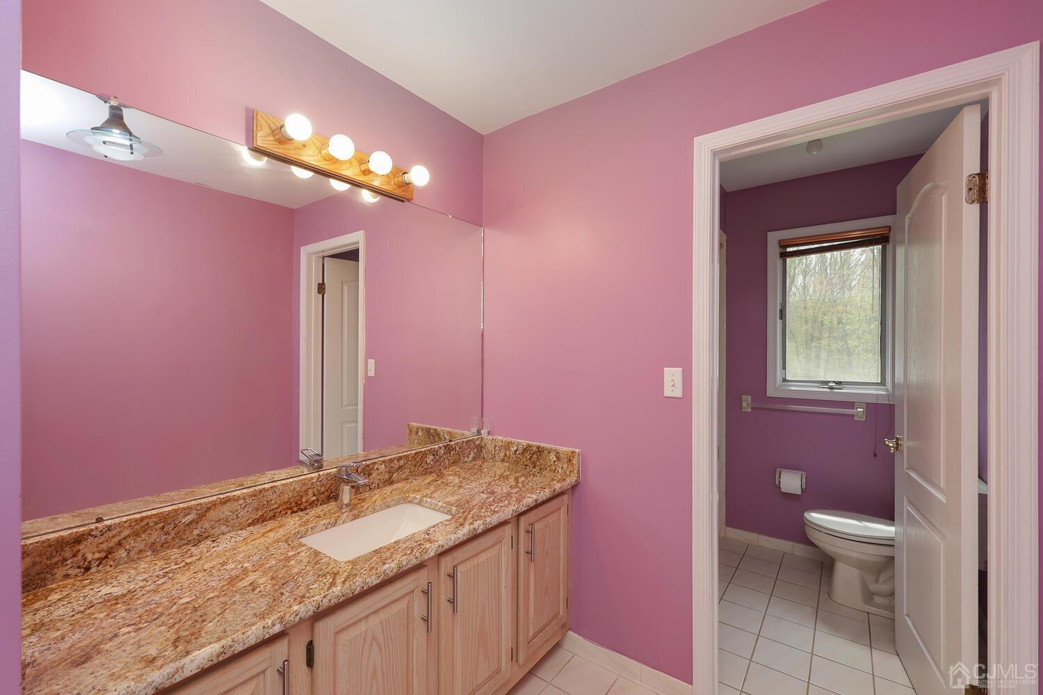 861 New Dover Road Edison, NJ 08820 - Photo 24 of 53 a bathroom with a granite countertop sink a toilet and a mirror