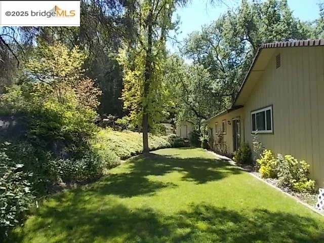 a view of backyard of house with green space