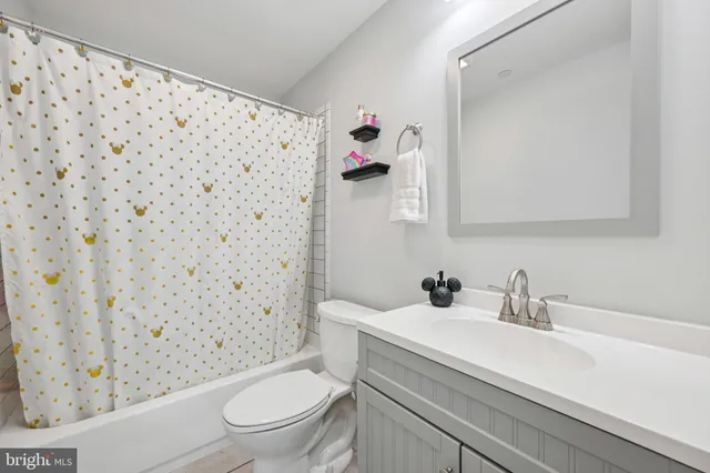 a bathroom with a sink a toilet and shower curtain