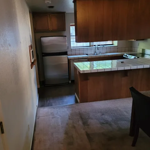 a kitchen with a refrigerator and a sink