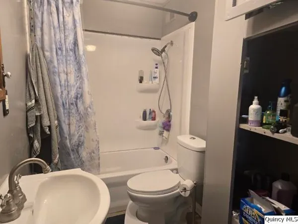 a bathroom with a sink a toilet and shower curtain