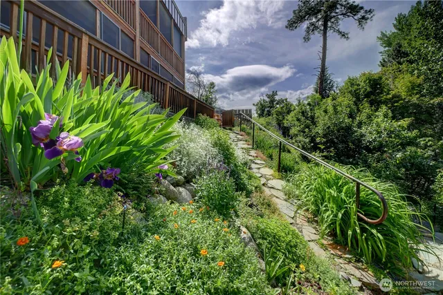 a view of a garden with a flower in a garden