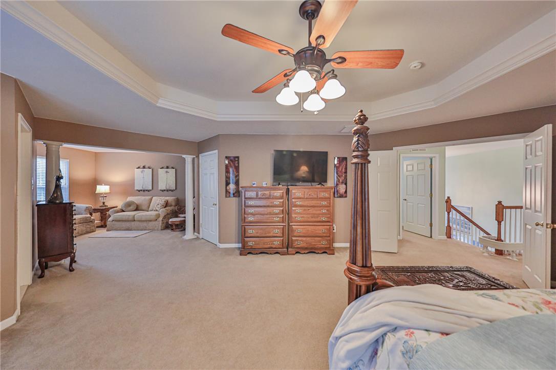 138 Clover Hollow Road Easton, PA 18045 - Photo 42 of 95 Step into a spacious primary bedroom with a soaring tray ceiling and plush carpeted flooring.