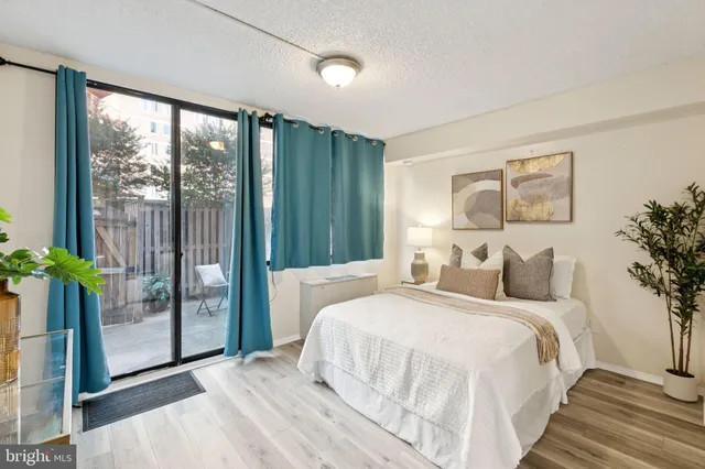 a bedroom with a large bed and a potted plant