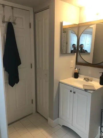 a bathroom with a sink and a mirror