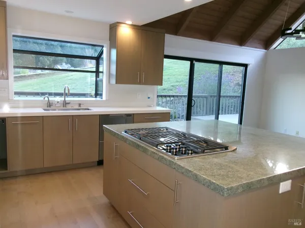 a kitchen with stainless steel appliances granite countertop a stove a sink dishwasher and a refrigerator