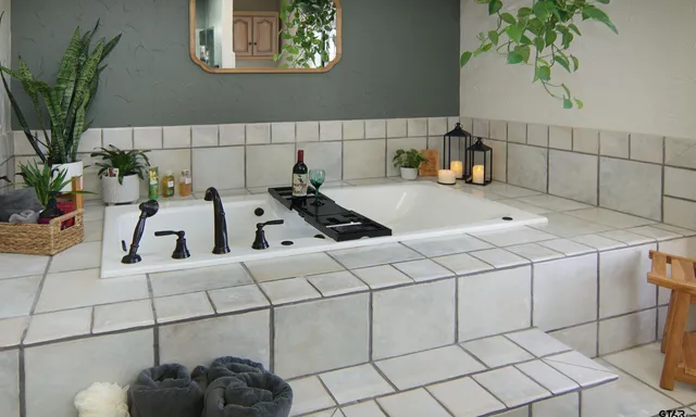 a bathroom with a sink and a potted plant
