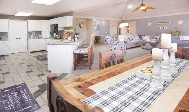 a view of a kitchen and dining room