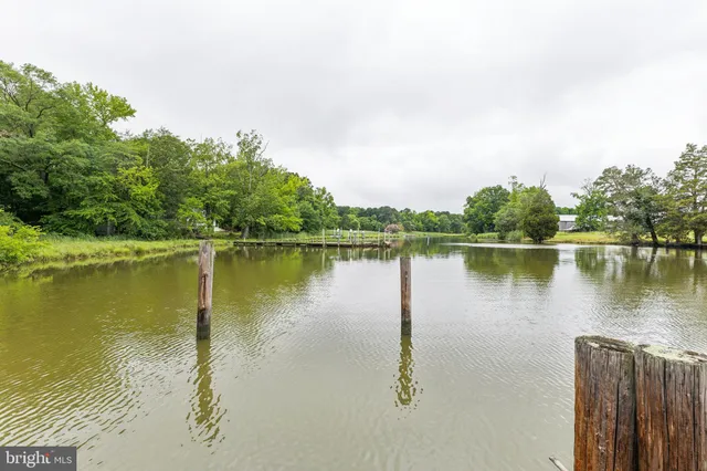 a view of a lake with houses in the back