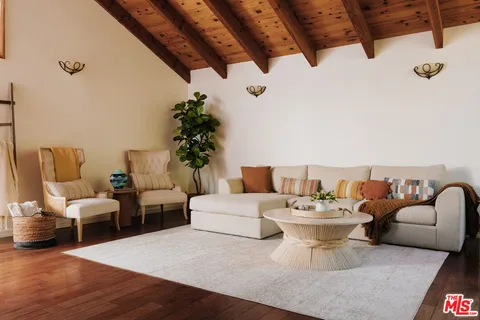a living room with furniture and a potted plant