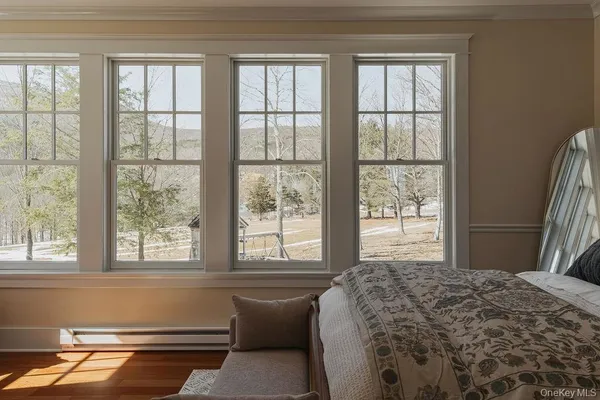 a bedroom with a bed and a window with outer view