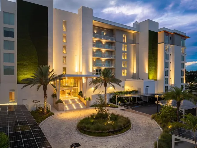 a view of a city with lawn chairs and a large tree