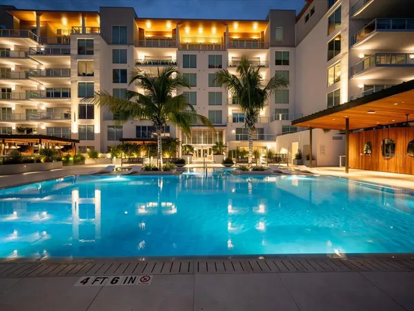 a view of swimming pool with table and chairs under an umbrella
