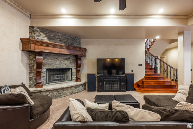 694 West Cephus Road Draper, UT 84020 - Photo 75 of 148 Stone-clad fireplace with a substantial wood mantel and hearth