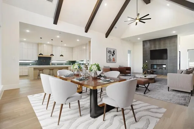 a view of a dining room with furniture