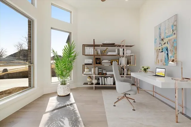 a view of a workspace with furniture and a potted plant