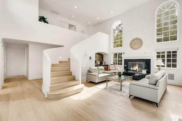 a living room with furniture and a potted plant