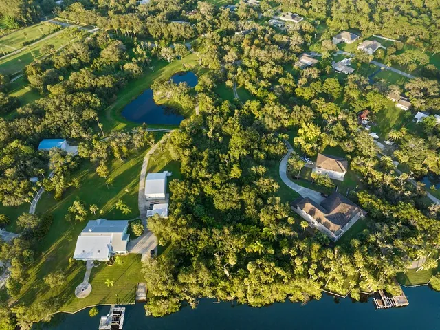 an aerial view of residential houses with outdoor space and trees