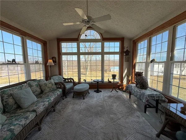 a living room with furniture and a floor to ceiling window