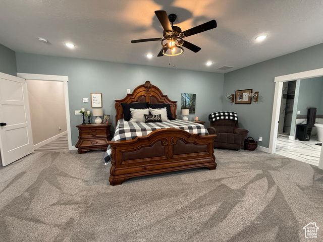 1240 West 2360 North Helper, UT 84526 - Photo 32 of 79 Carpeted bedroom featuring baseboards, visible vents, ceiling fan, and recessed lighting