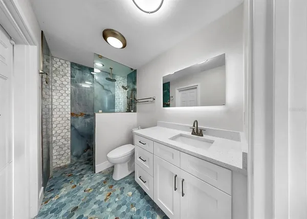 a bathroom with a shower and a toilet