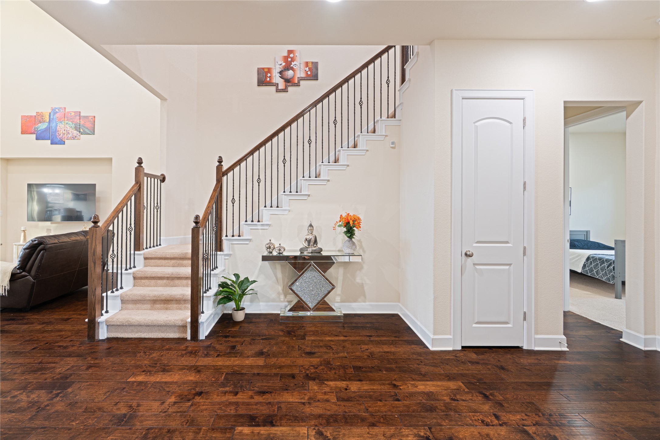 228 Lockhart Loop Georgetown, TX 78628 - Photo 6 of 37 Staircase with hardwood / wood-style floors and recessed lighting
