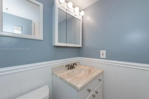 a bathroom with a sink vanity and toilet