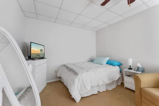 a view of a building with an ocean