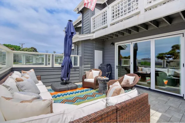 a building outdoor space with patio furniture