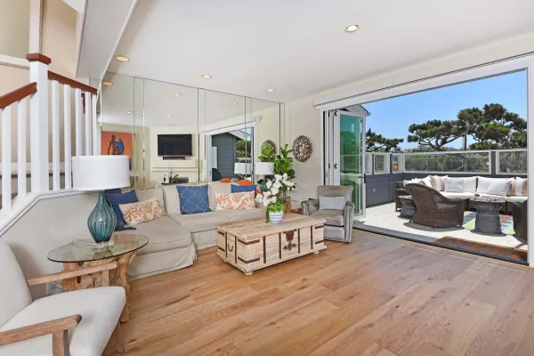 a living room with furniture a rug potted plant and a large window