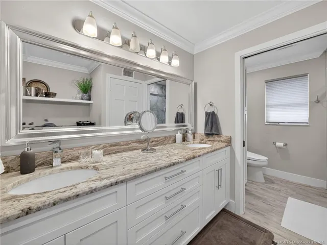 a bathroom with a granite countertop sink a toilet and a mirror