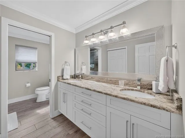 a bathroom with a granite countertop sink a toilet and a mirror