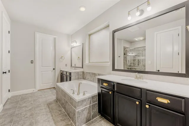 a bathroom with a tub sink and mirror