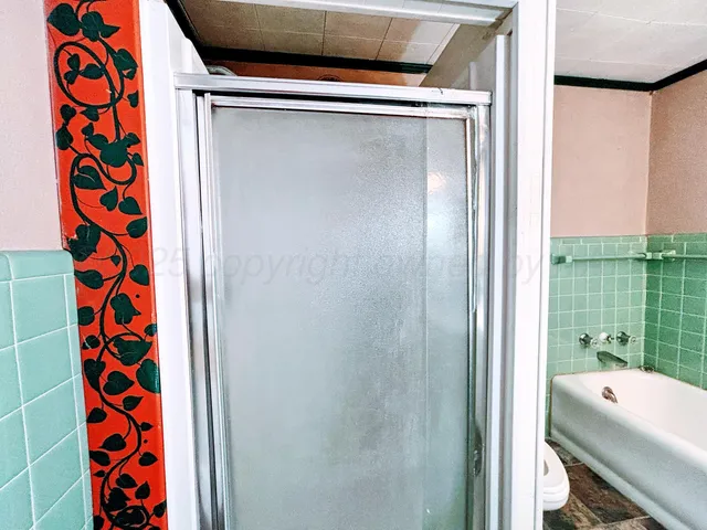 a bathroom with a shower and a sink