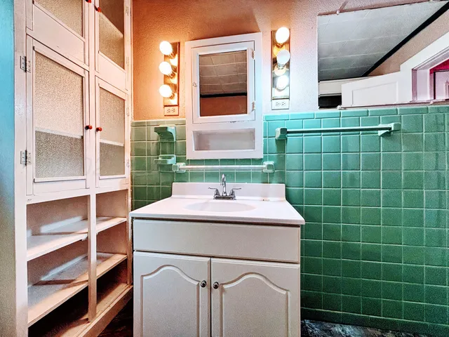 a bathroom with a sink a mirror and a shower