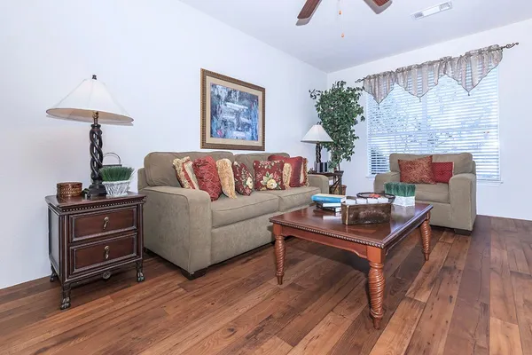a dining room with furniture potted plants and wooden floor