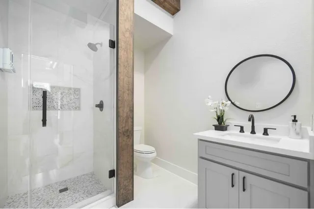 a bathroom with a sink a toilet and a mirror