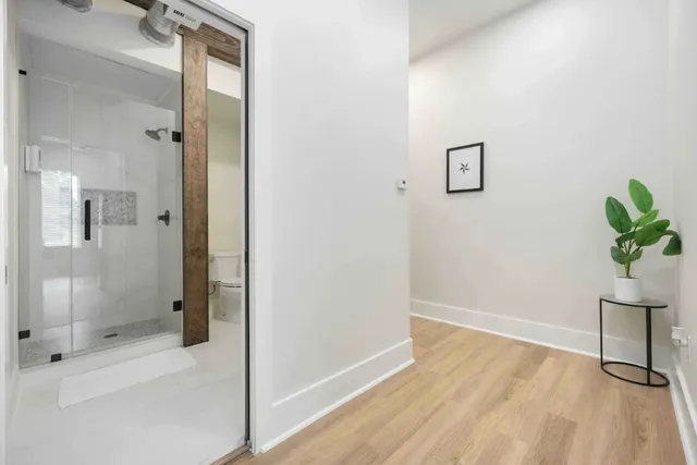 a view of a bathroom with a shower