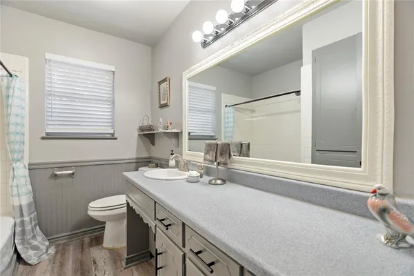 a bathroom with a sink a toilet a mirror and shower