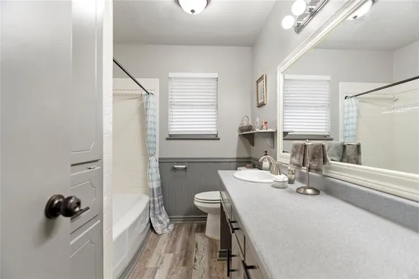 a bathroom with a sink a toilet a mirror and shower