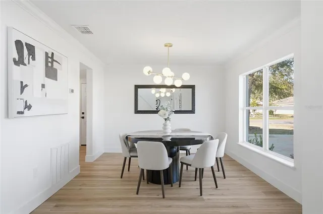 a view of a dining room with furniture and wooden floor