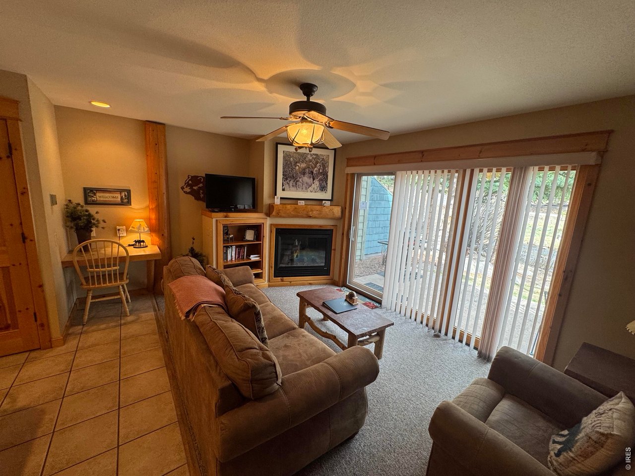 2100 Fall River Road, Unit 4 Estes Park, CO 80517 - Photo 5 of 28 a living room with furniture a fireplace and a flat screen tv