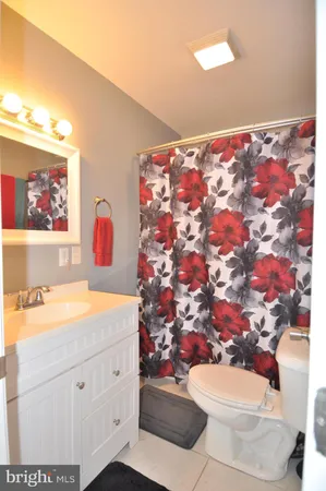 a bathroom with a sink mirror and toilet
