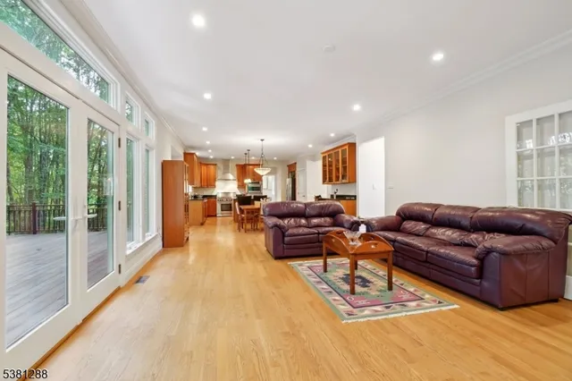 a living room with furniture and a table