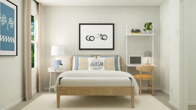 a bedroom with a bed and a table in it