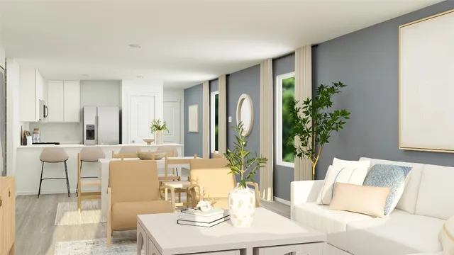 a living room with furniture potted plant and a window