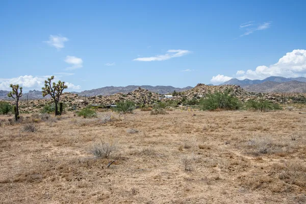 a view of a dry yard with mountains in the background