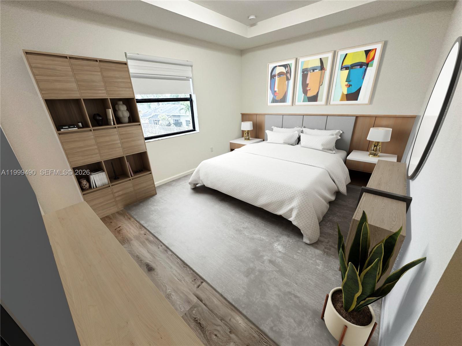 949 Northeast 211th Street Miami, FL 33179 - Photo 16 of 27 a bedroom with a bed a mirror and paintings on the wall